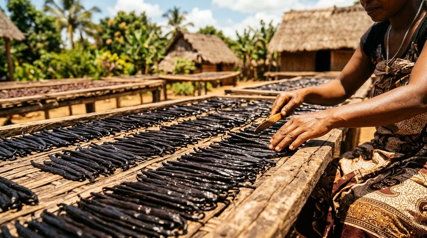 Artisanal curing and preparation of Madagascar Bourbon vanilla beans in Sambava