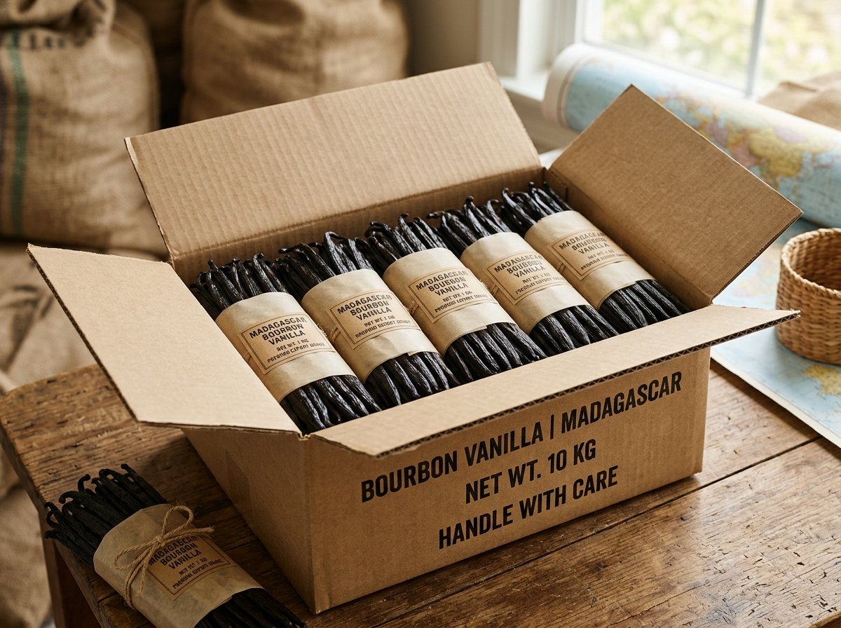 Double-wall corrugated export carton packed with tied Madagascar Bourbon vanilla bundles
