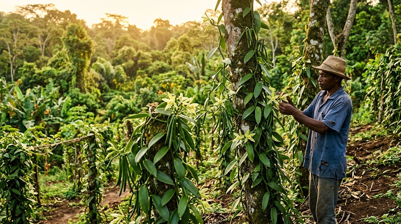 Vanilla orchid vines and farmer in Sambava, SAVA, Madagascar