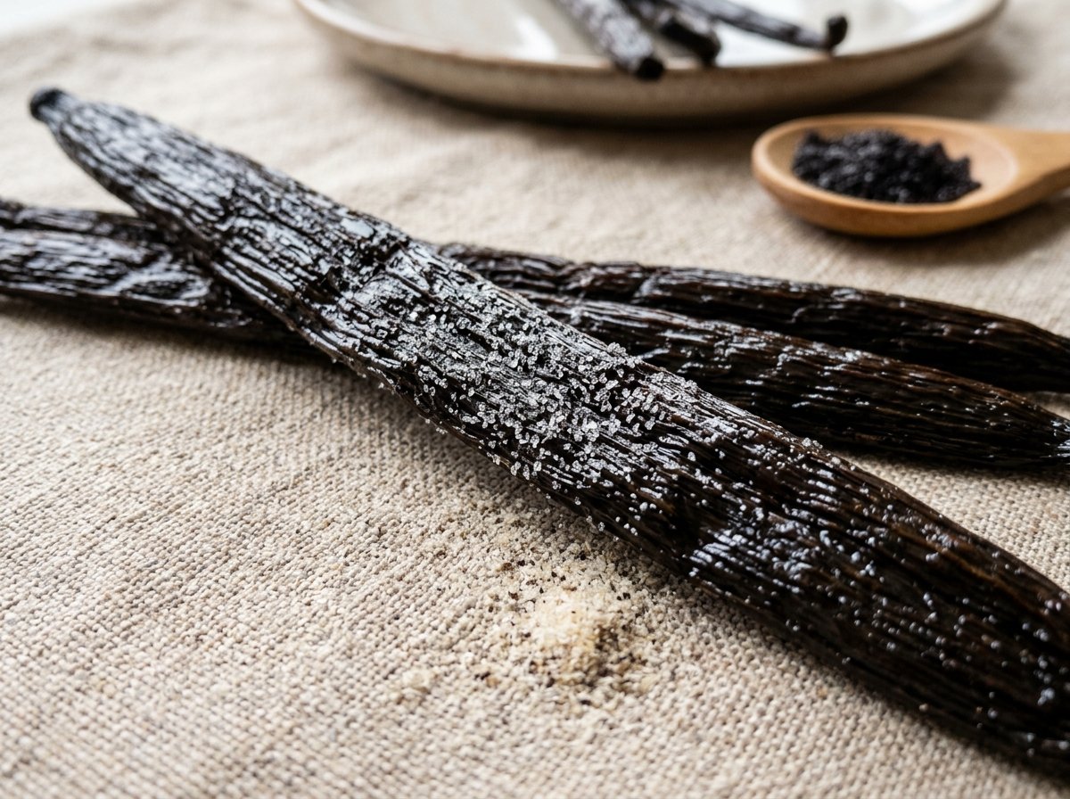 Premium whole Madagascar Bourbon vanilla pods with vanillin crystals